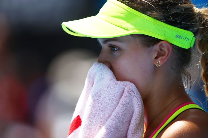 Eugenie Bouchard of Canada is a study of concentration on her way to a three-set victory over Romanian  Irina-Camelia Begu.