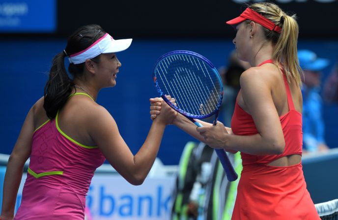 Peng Shuia of China shakes hands with Maria Sharapova after being brushed aside by the Russian second seed in their last 16 clash.