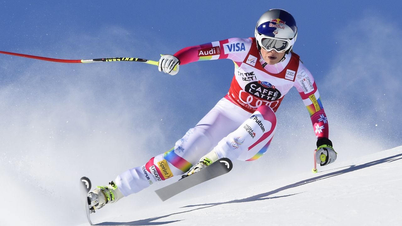 Lindsey Vonn of the United States in spectacular action on the way to winning the super-G at St Moritz.