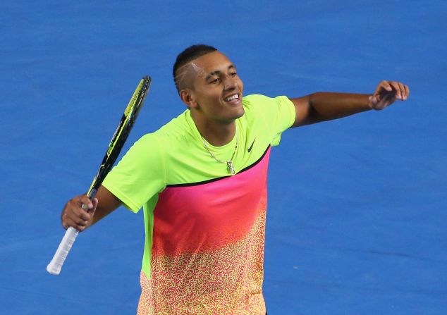 The relief is clear after Nick Kyrgios wraps up his five-set win over Andreas Seppi in a thriller on the Hirense Arena.