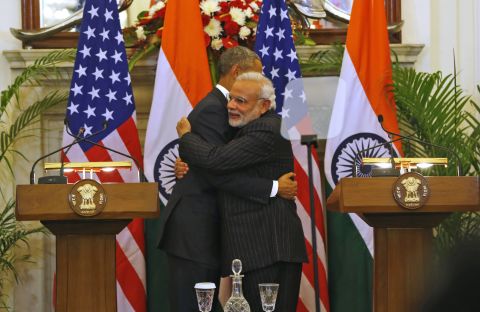 Obama and Modi hug after they jointly addressed the media.
