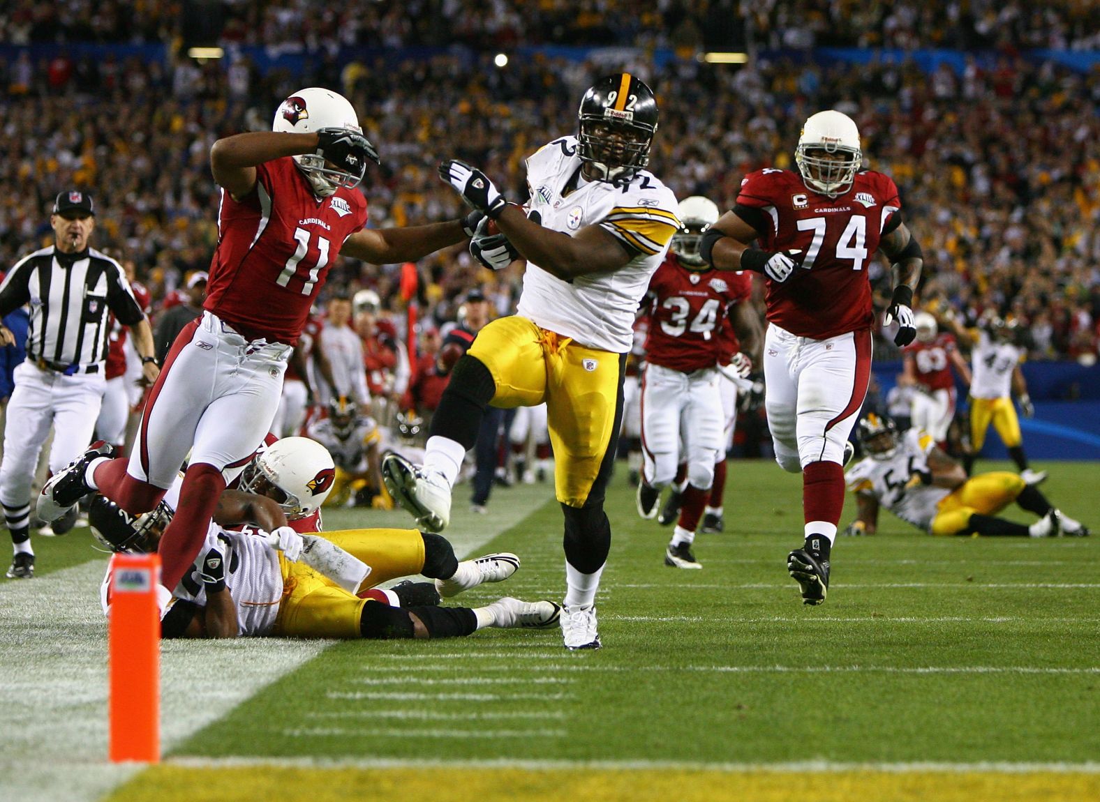 <strong>Longest interception return in a Super Bowl:</strong> Pittsburgh's James Harrison picked off Arizona's Kurt Warner on the last play of the first half and rumbled 100 yards for a touchdown in 2009.