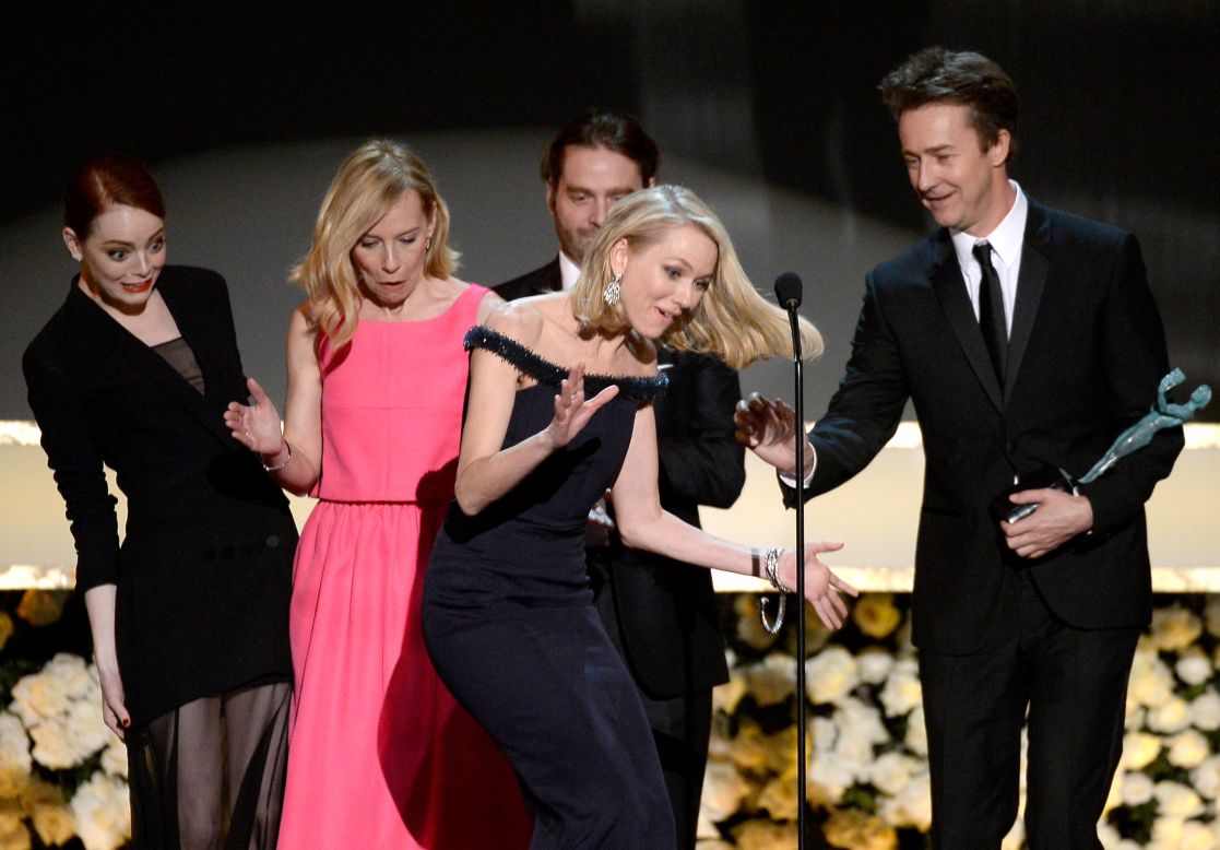 From left, actors Emma Stone, Amy Ryan, Zach Galifianakis, Naomi Watts and Edward Norton -- who all appeared in the movie "Birdman" -- accept the Screen Actors Guild award for outstanding performance by a cast in a motion picture. The awards show was held Sunday, January 25, in Los Angeles.