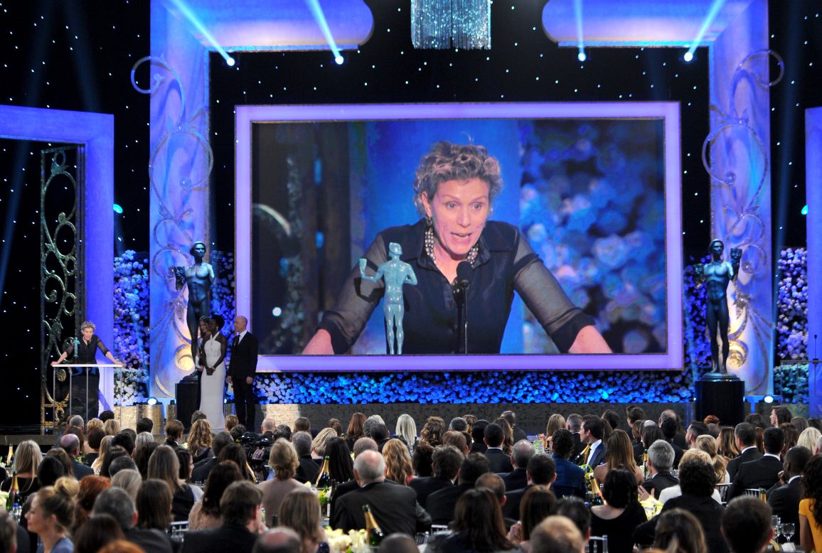 Frances McDormand accepts the award for outstanding actress in a television movie or miniseries ("Olive Kitteridge").