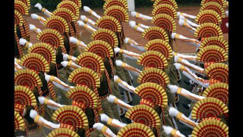 Indian soldiers march in formation down Rajpath Boulevard during the Republic Day parade on January 26.