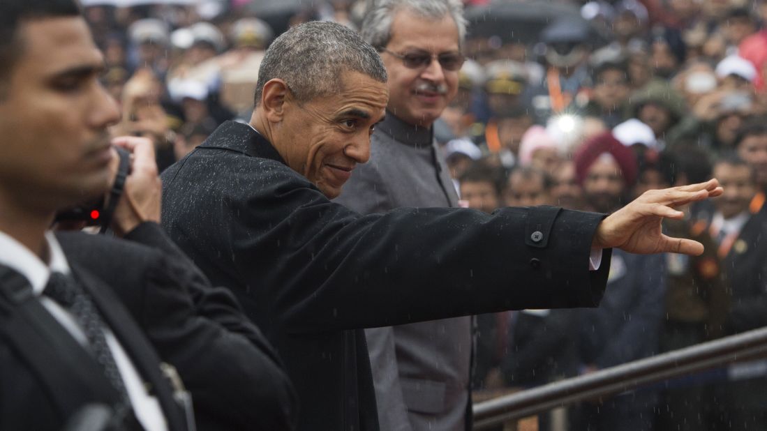 Obama waves as he arrives at the Republic Day parade on January 26.