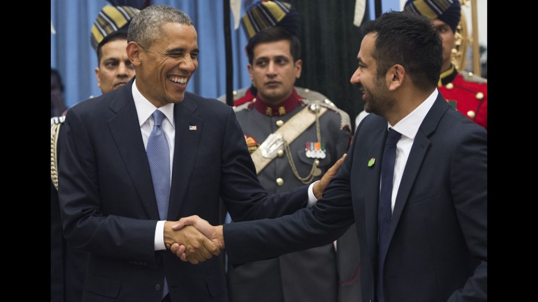 Obama greets actor Kal Penn at a receiving line before a state dinner at Rashtrapati Bhawan, the presidential palace in New Delhi, on Sunday, January 25.