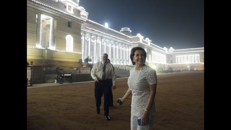 U.S. Rep. Nancy Pelosi, the House minority leader, arrives for the state dinner in New Delhi on January 25.