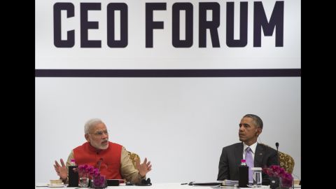 Indian Prime Minister Narendra Modi, left, and Obama participate in the India-U.S. Business Summit in New Delhi on Monday, January 26. 