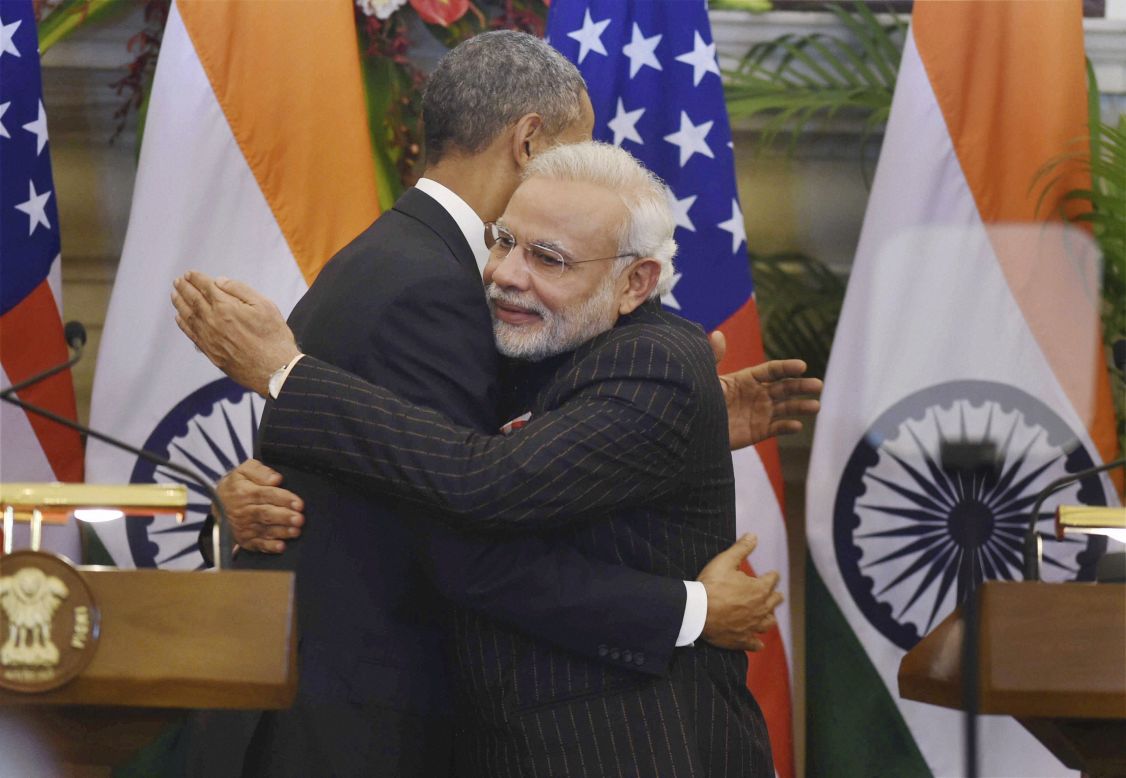 JANUARY 26 - NEW DELHI, INDIA: U.S. President Barack Obama and Indian Prime Minister Narendra Modi hug after they jointly addressed the media following their talks. <a href="http://cnn.com/2015/01/23/opinion/agrawal-modi-obama-ties/index.html">Obama is  the first U.S. President to visit India twice,</a> and the first American chief guest at India's Republic Day parade.
