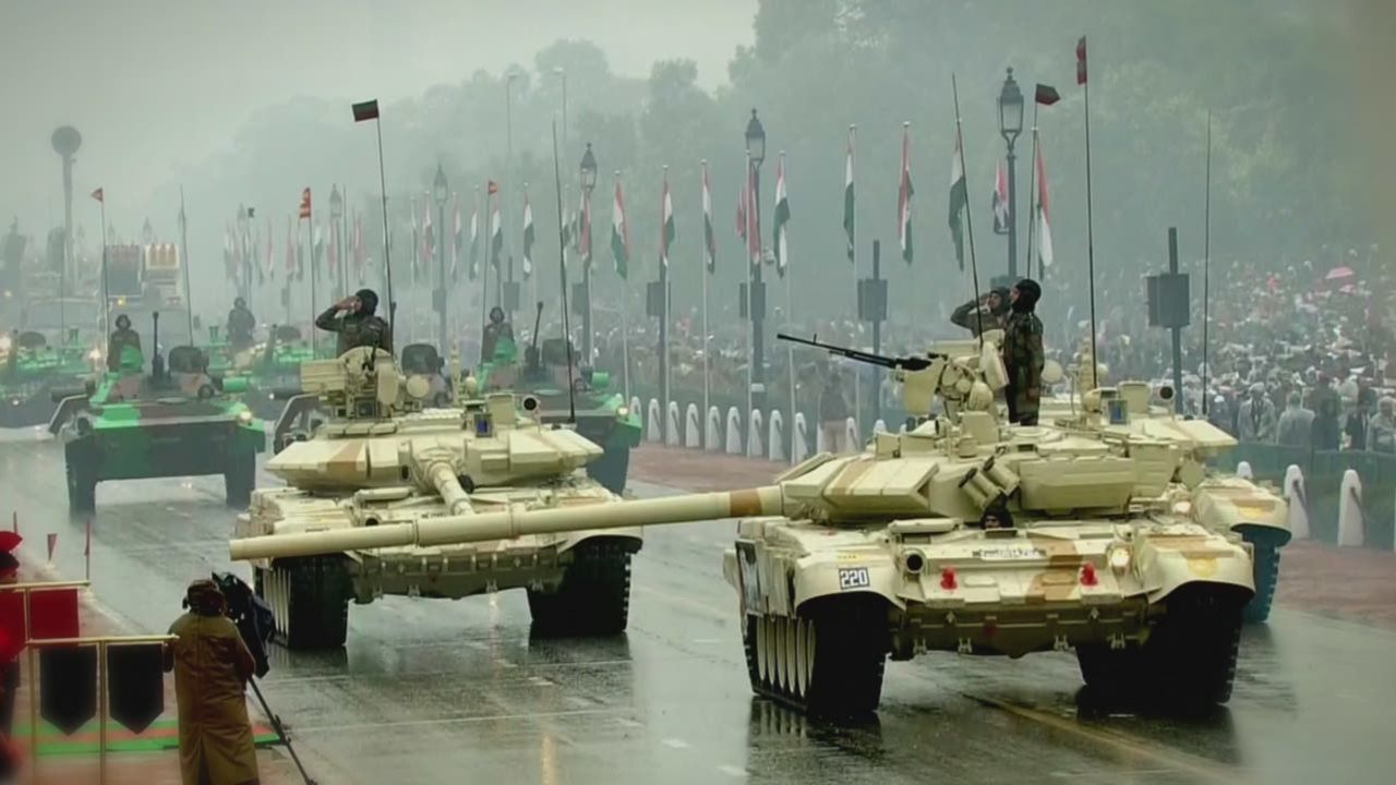 Indian troops parade during the country's National Day.