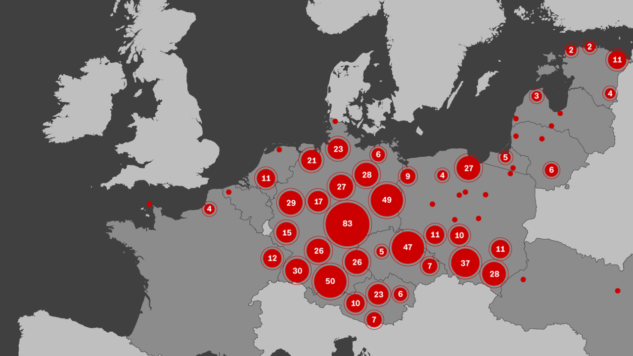 The Nazis created hundreds of concentration camps across Europe during their 12 years in power. Numbers in the circles show how many camps were in each area.