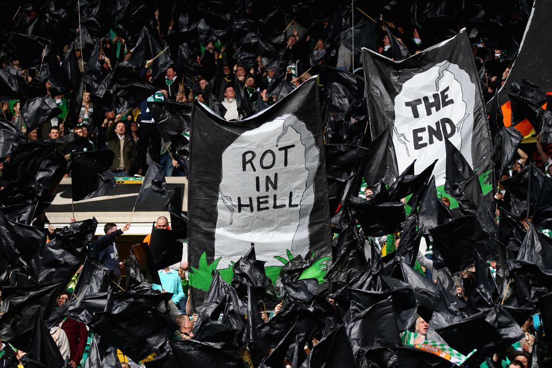 Celtic fans celebrate the demise of Rangers during an Old Firm match at Celtic Park in 2012.