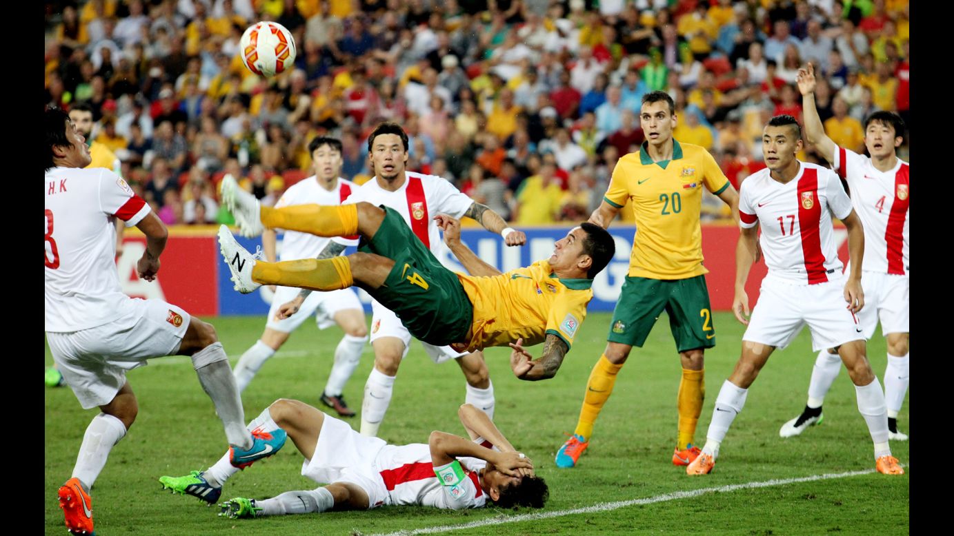 Australia's Tim Cahill performs an overhead kick to score a spectacular goal against China during the quarterfinals of the Asian Cup on Thursday, January 22. Cahill had two goals in the match as Australia advanced with a 2-0 victory.