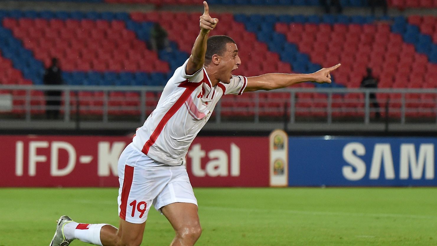 Tunisia forward Ahmed Akaichi celebrates putting his side ahead in the 1-1 draw against DR Congo.