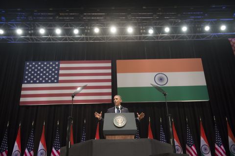 Obama speaks at Siri Fort Auditorium in New Delhi on January 27.