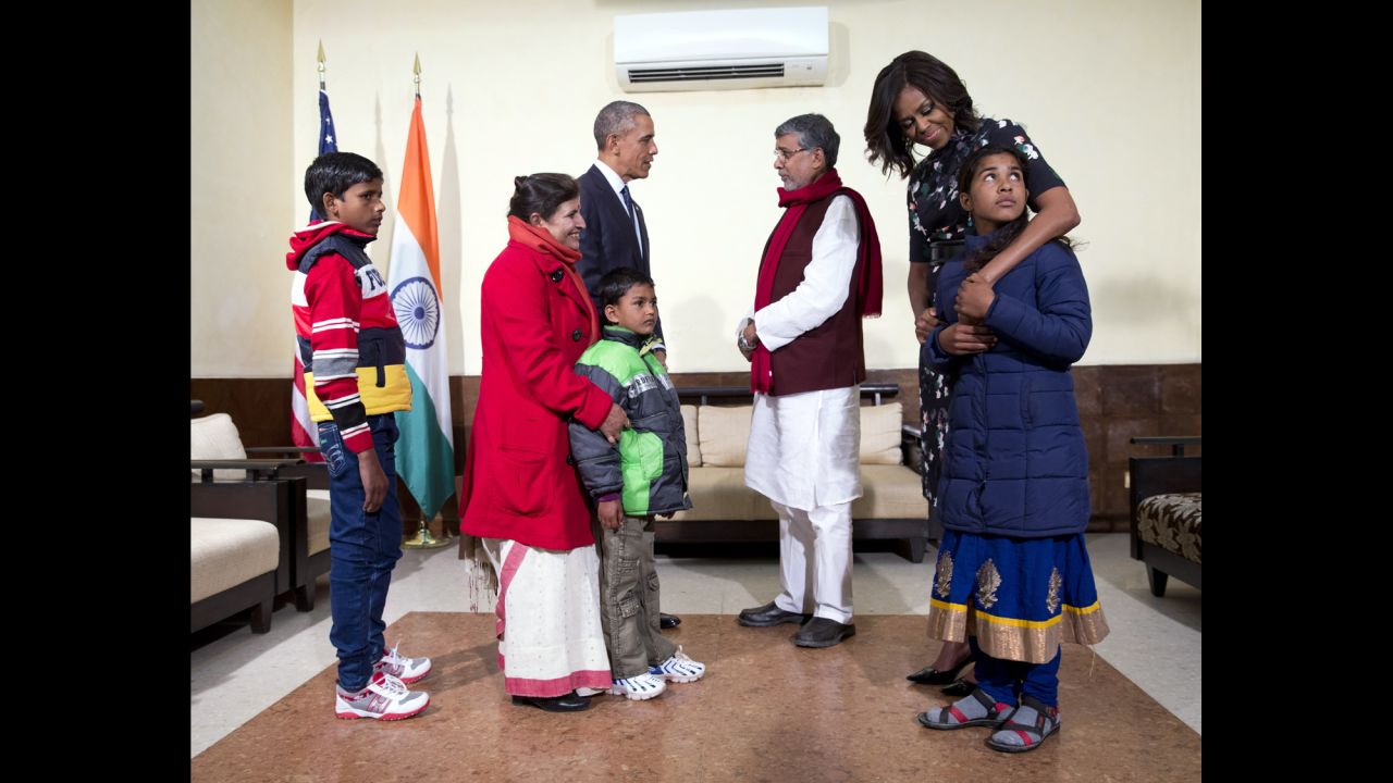 The Obamas meet with Kailash Satyarthi, third from right, and his family in New Delhi on January 27. Satyarthi, a children's rights advocate, shared the 2014 Nobel Peace Prize with Malala Yousafzai.