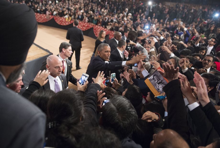 Obama greets guests after speaking on U.S.-India relations during a town hall event at Siri Fort Auditorium in New Delhi on January 27.