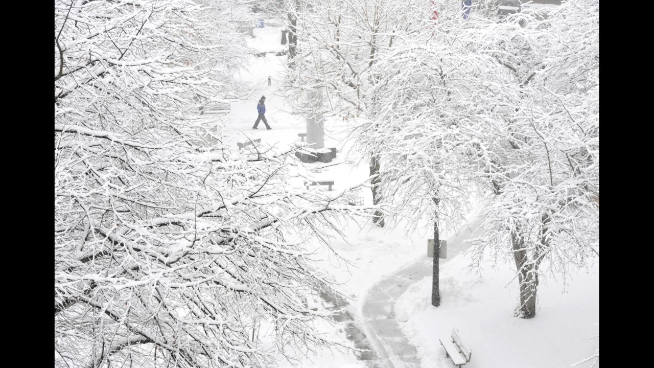 A pedestrian passes through Johnstown Central Park in Johnstown, Pennsylvania, on January 26.