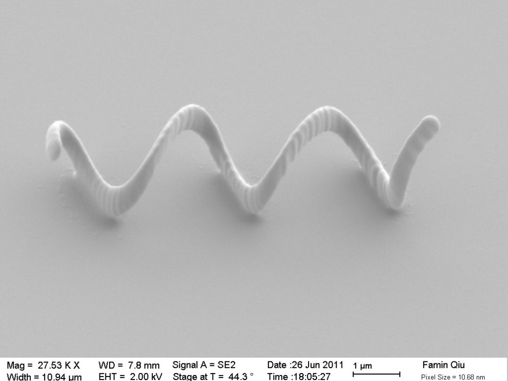 La forma similar a una hélice permite que los nanobots sean controlados por medio de campos magnéticos, sin que exista un sistema de propulsión real a bordo.   