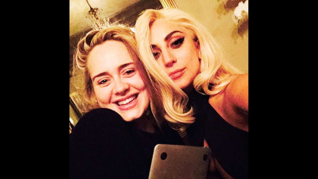 "Nothing like a Wednesday night bro-down with the beautiful Adele," wrote singer Lady Gaga, right, in this selfie she <a href="http://instagram.com/p/yJnDZvpFF7/?modal=true" target="_blank" target="_blank">posted to Instagram</a> on Thursday, January 22.