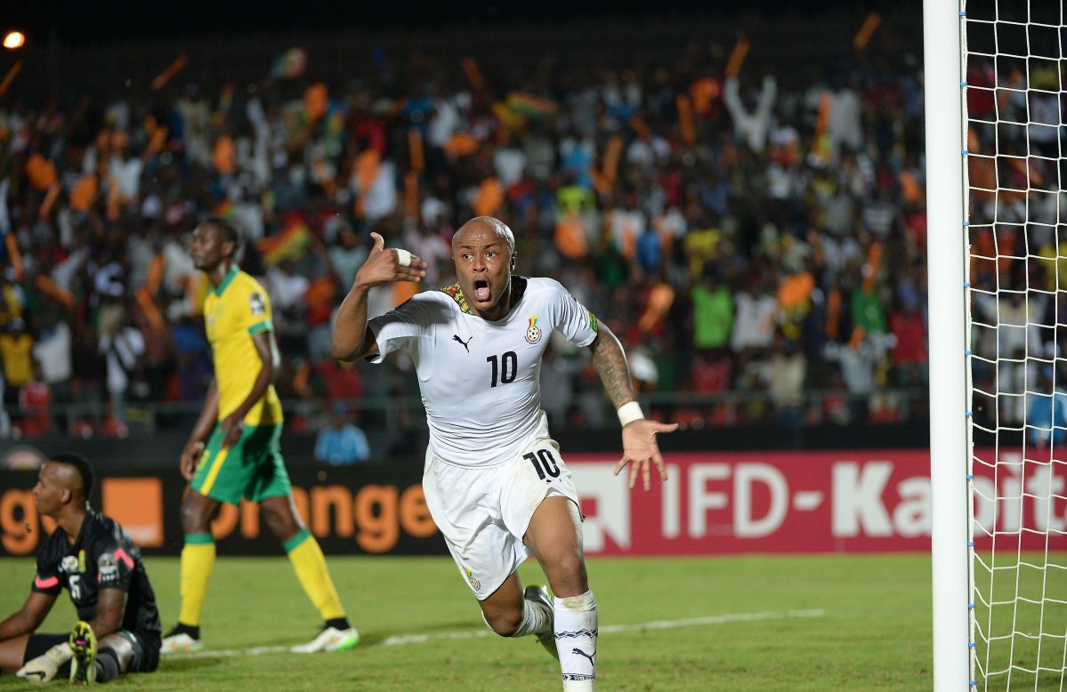 Ghana's Andre Ayew celebrates after scoring the second goal in his country's 2-1 come-from-behind Group C victory over South Africa at AFCON 2015.