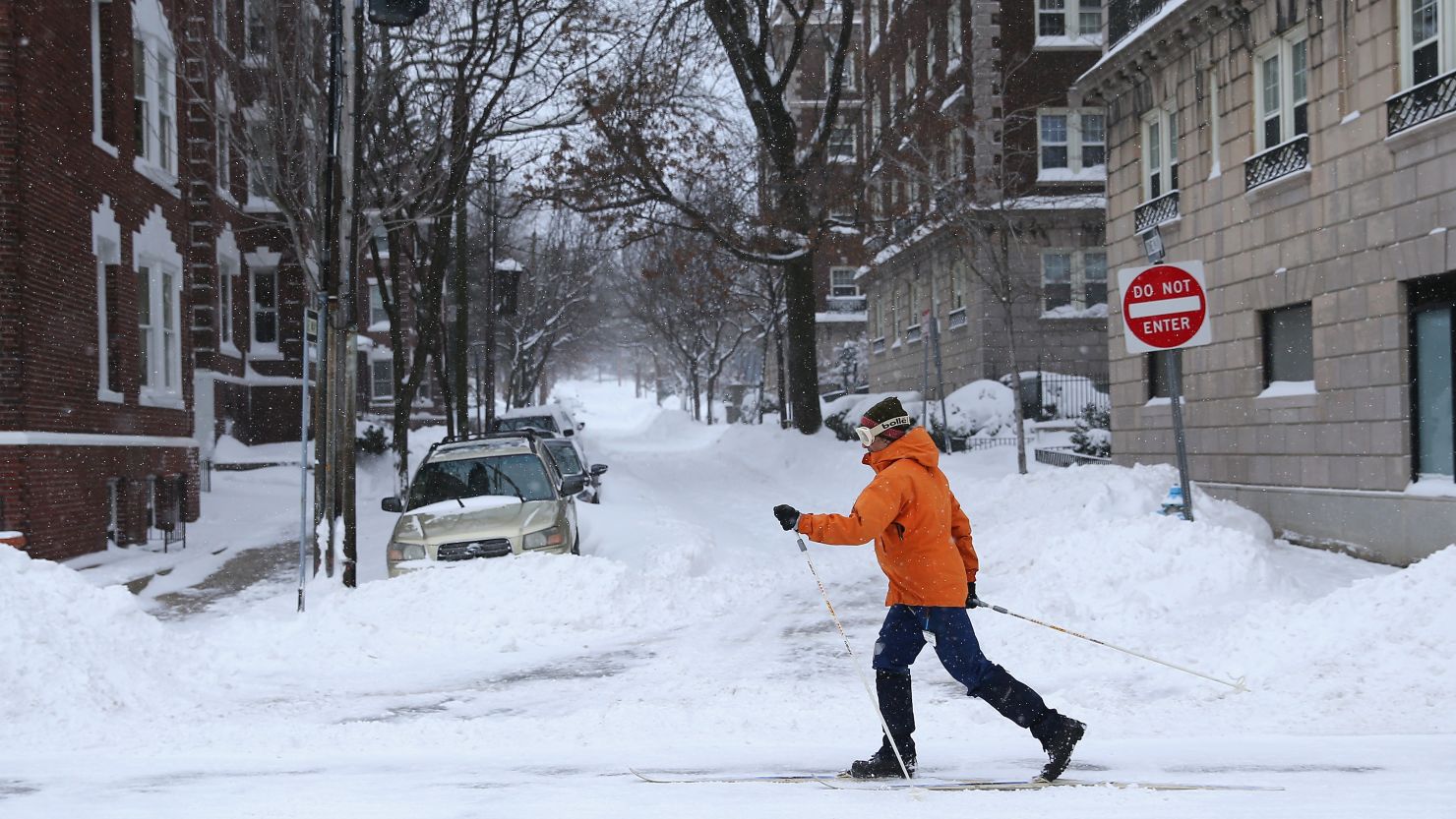 A cross country skier plies the streets of Cambridge, Massachusetts, near Boston.
