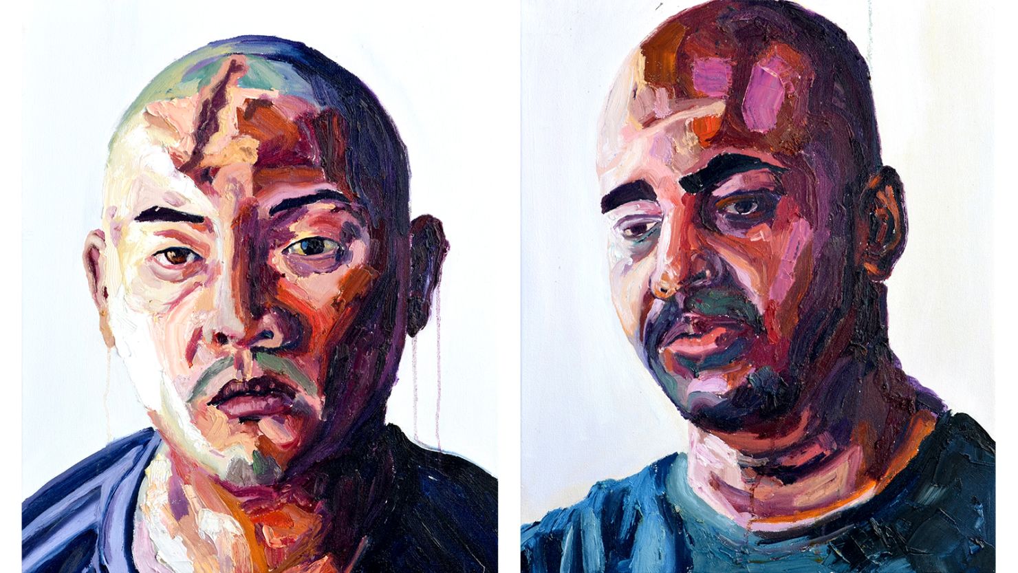 Myuran Sukumaran, who runs art classes for inmates, painted these portraits of Andrew Chan and himself.