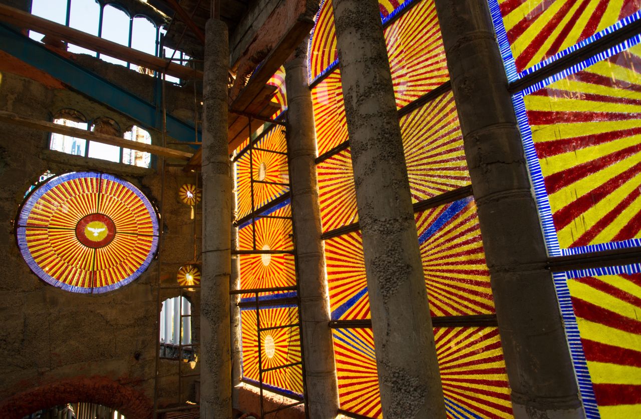 A colorful section of stain glass windows Gallego's cathedral. In a 2009 documentary, El Loco de la Catedral (The Madman and the Cathedral), Gallego described man's possibility to do amazing things if they have an ideal to strive for.