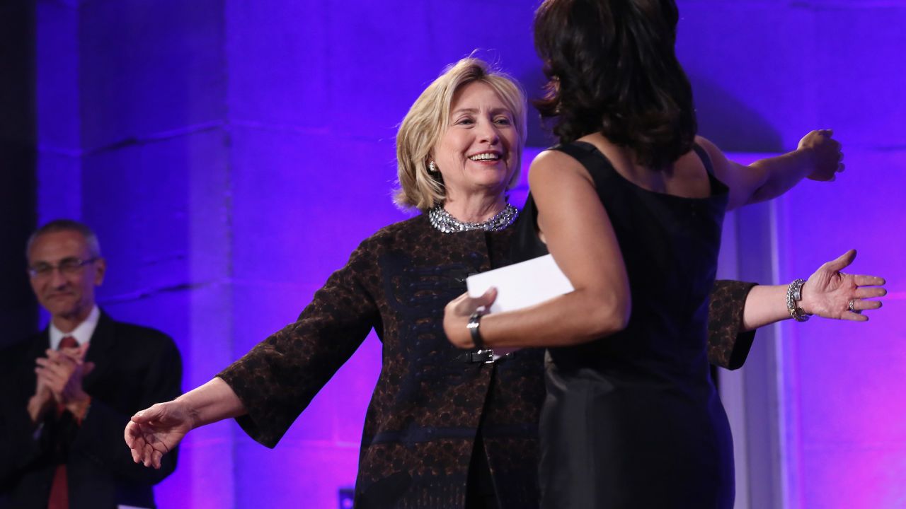 Neera Tanden hugs Hillary Clinton at the Center for American Progress 10th Anniversary event in 2013.
