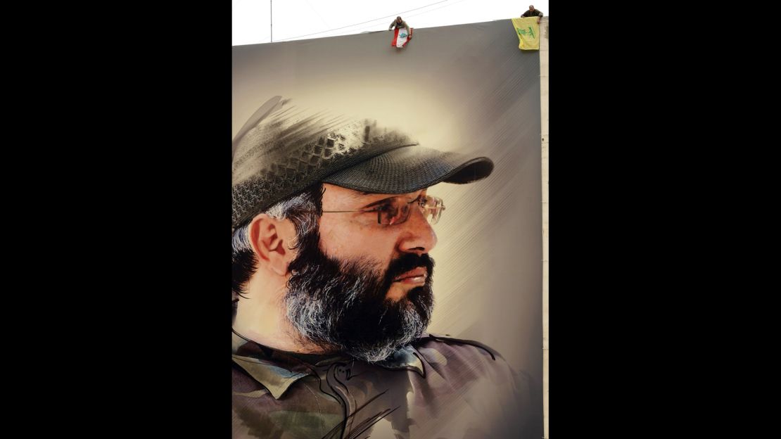 A banner shows assasinated former Hezbollah military wing leader Imad Mughniyeh.