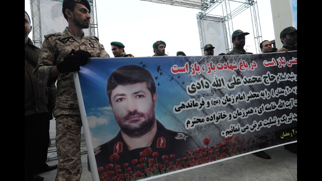 Iranian Revolutionary Guards carry a banner during the funeral of Gen. Mohammad Ali Allahdadi on January 21.