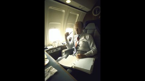 President Gerald Ford works while aboard Air Force One in 1974.