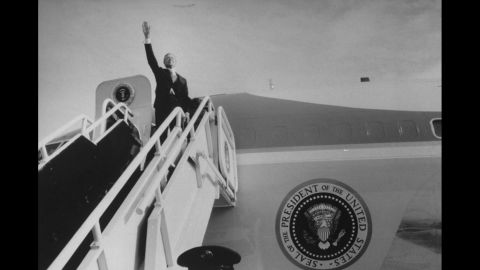 President Jimmy Carter waves goodbye as he boards a presidential aircraft on his final day in office in 1981.