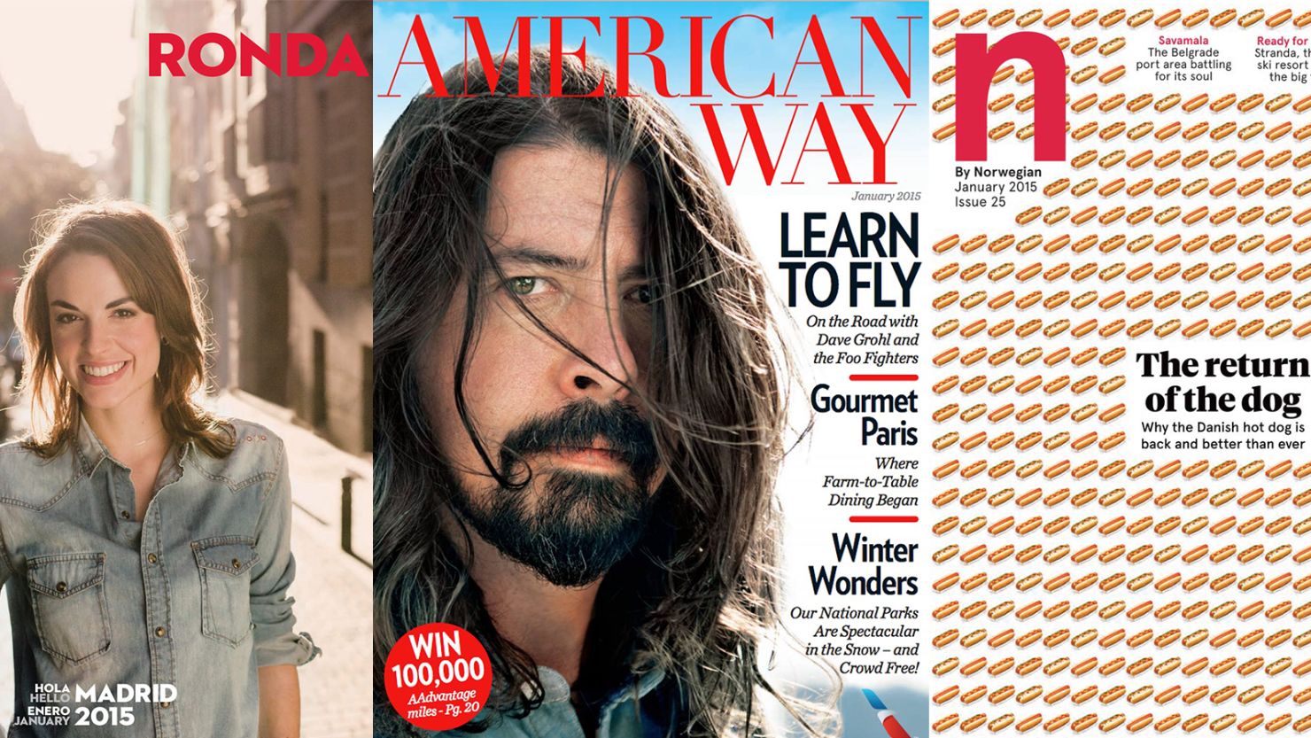 Ink Global's inflight magazines include titles for (L to R) Iberia, American Airlines and Norwegian.