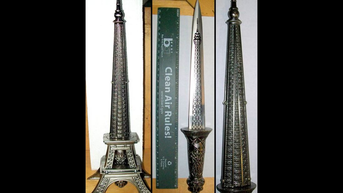 This dagger, hidden inside a replica of the Eiffel Tower, was confiscated at the airport in Oakland International Airport in California. 