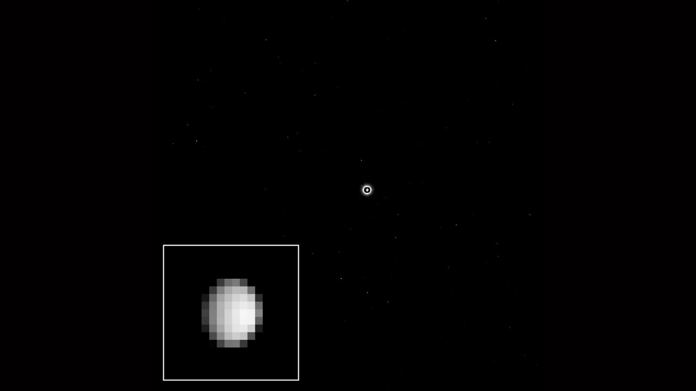 The second phase of the primary mission is to document Ceres, a object first spotted by Sicilian astronomer Giuseppe Piazzi in 1801. <br />On December 1, 2014 as Dawn continued its solitary flight through space, early glimpses of the dwarf planet were attained by the craft's on-board cameras. Because Ceres is so much brighter than the stars surrounding it, the photograph required a long exposure time to make the stars visible in the shot. It was snapped using the probe's framing camera and using a clear spectral filter, from a distance of around 740,000 miles (1.2 million kilometers).