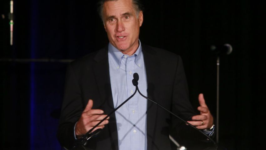 SAN DIEGO, CA - JANUARY 16: Mitt Romney speaks to fellow Republicans at a dinner during the Republican National Committee's Annual Winter Meeting aboard the USS Midway on January 16, 2015 in San Diego, California. Romney is contemplating a possible 2016 presidential run.