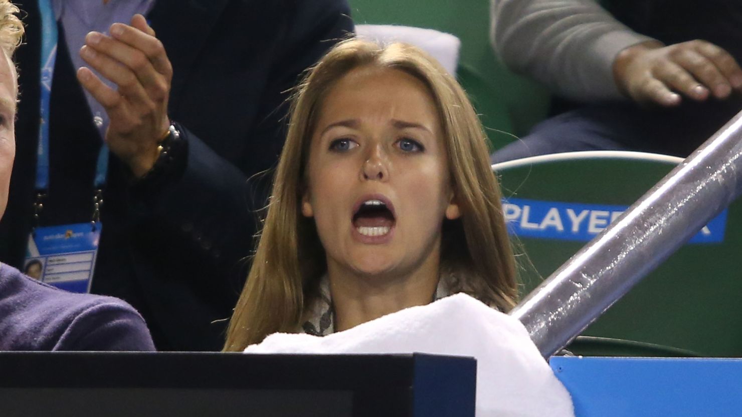 Kim Sears celebrates as her boyfriend Andy Murray wins his semifinal match against Tomas Berdych of the Czech Republic during day 11 of the 2015 Australian Open in Melbourne.