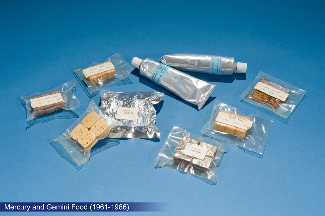Pastes in tubes and bite-sized cubes from the Mercury and Gemini missions in 1961-1969.