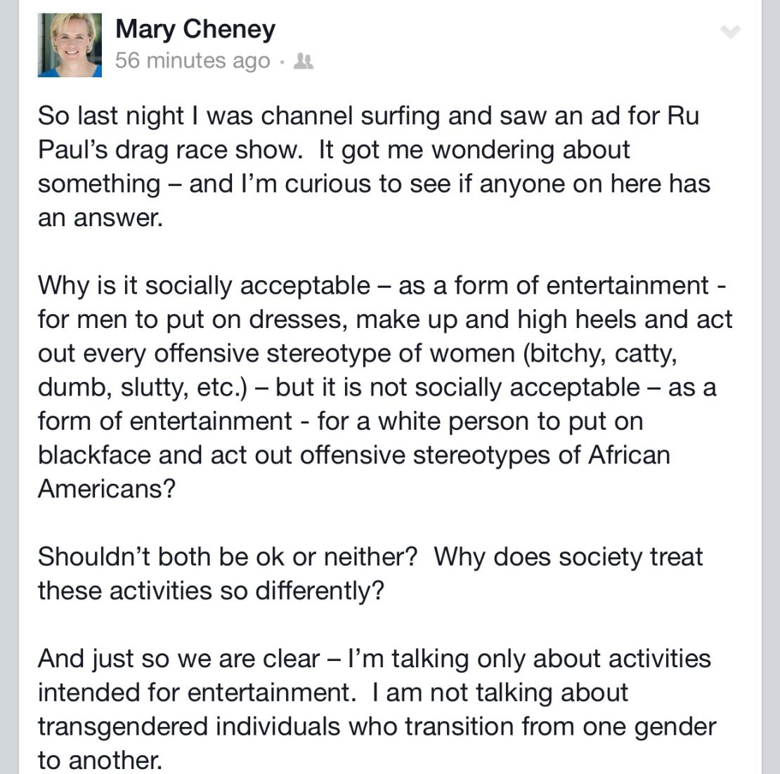 Mary Cheney facebook blackface