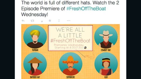 This graphic, attached to a tweet promoting the sitcom Fresh Off The Boat, was deleted after story creator Eddie Huang complained.