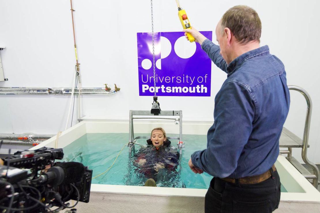 MainSail presenter, Shirley Robertson, learns how to cope with cold water shock at the plunge at the University of Portsmouth's extreme weather lab.
