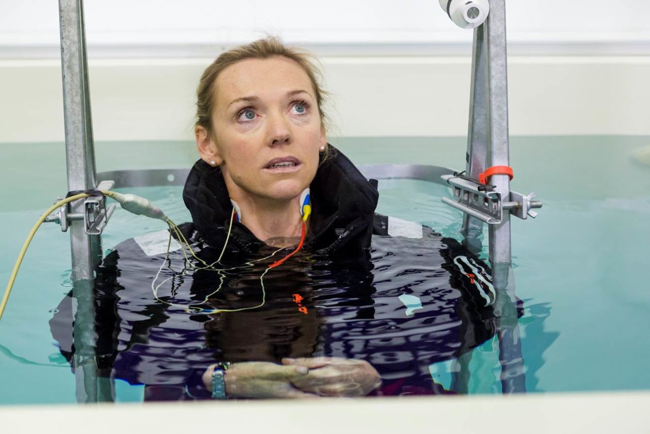 Elite sailors don't just train for races -- they train for disasters. At  South Tyneside College's Extreme Environments Lab in Newcastle, athletes are taught what to do in an ocean emergency. Here, CNN's MainSail presenter, Shirley Robertson, copes with cold water shock. <br />