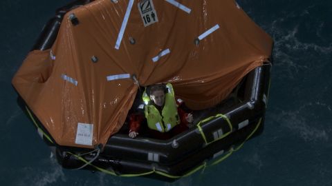 MainSail presenter, Shirley Robertson, takes the plunge in a life raft at the University of Portsmouth's extreme weather lab.