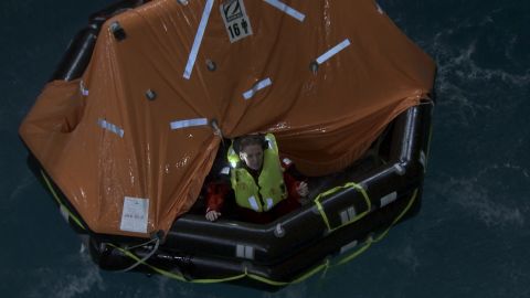 MainSail presenter, Shirley Robertson, takes the plunge in a life raft at the University of Portsmouth's extreme weather lab.