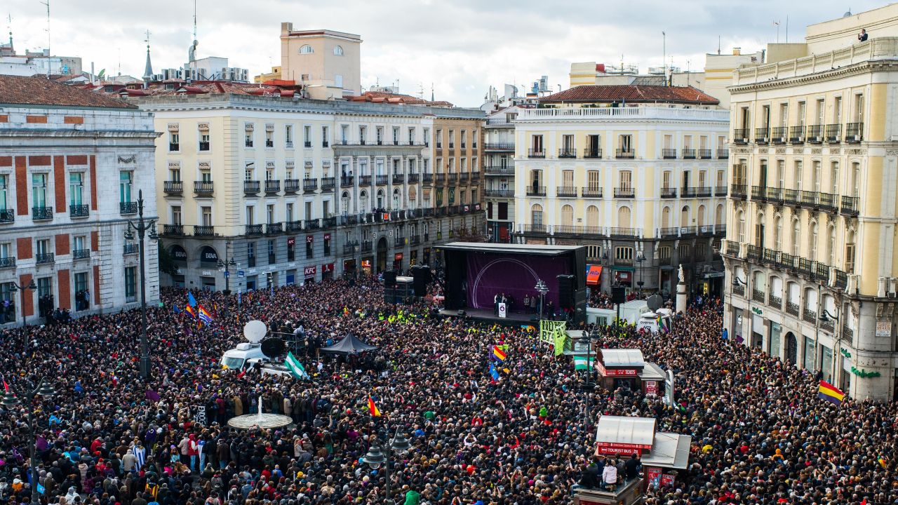 Podemos supporters gather in Madrid's Puerta del Sol square on Saturday, January 31. 