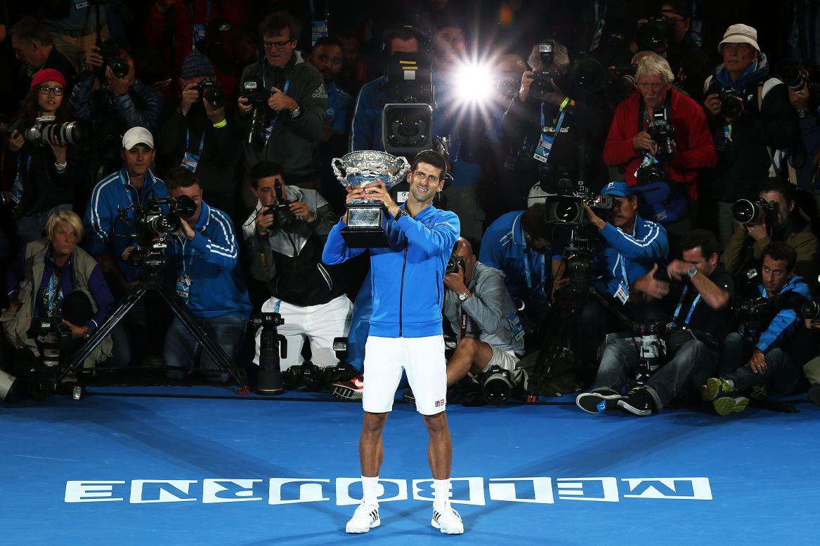 Novak Djokovic won his fifth Australian Open title by beating Andy Murray in a bruising four sets. 