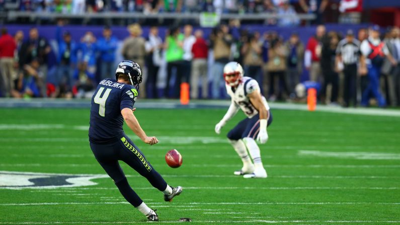 Seattle's Steven Hauschka kicks the ball to start the game.