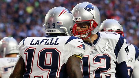 New England wide receiver Brandon LaFell celebrates with Brady after the two linked up for a second-quarter touchdown that opened the game's scoring.